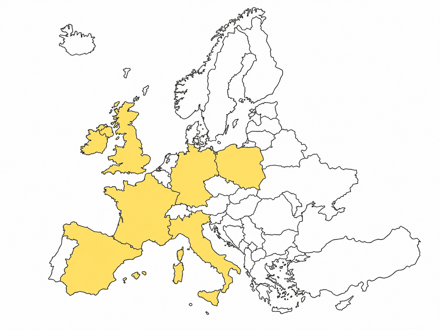 Mapa de Europa con los seis países donde nos formamos: UK, Francia, España, Italia, Alemania y Polonia